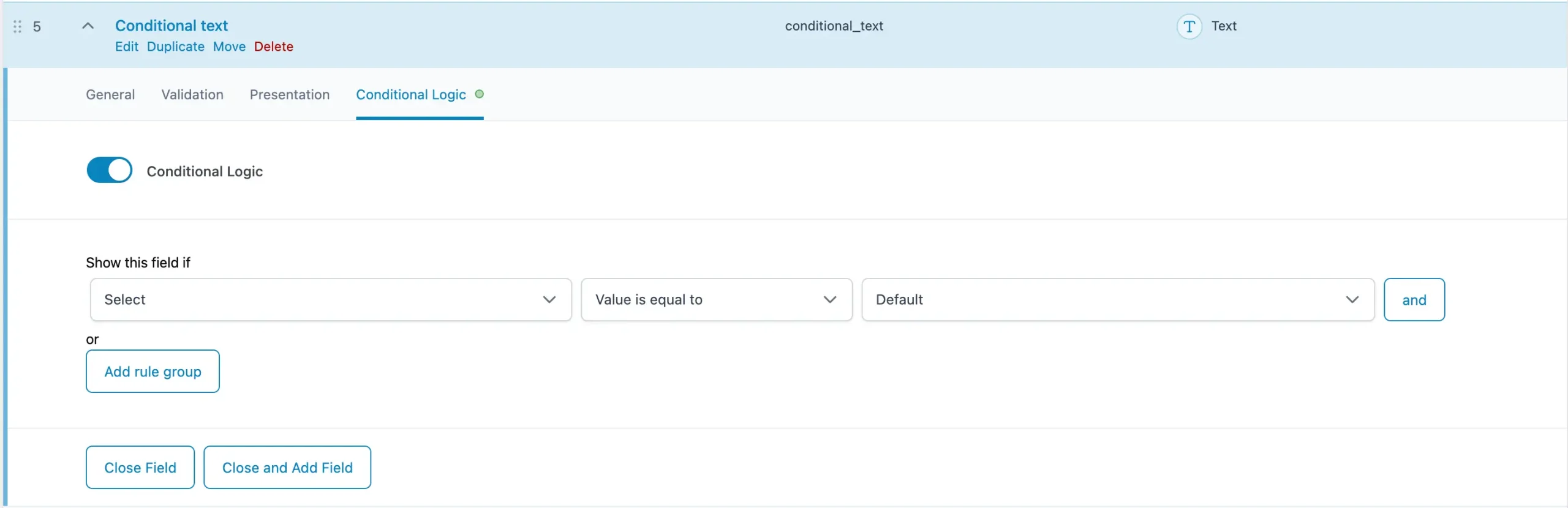Example of conditional logic settings.